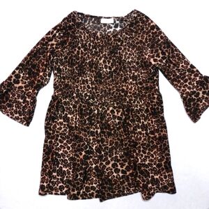 Bobbie Brooks Animal Leopard Print Blouse Elastic Bodice 3/4 Sleeves Bell Cuffs